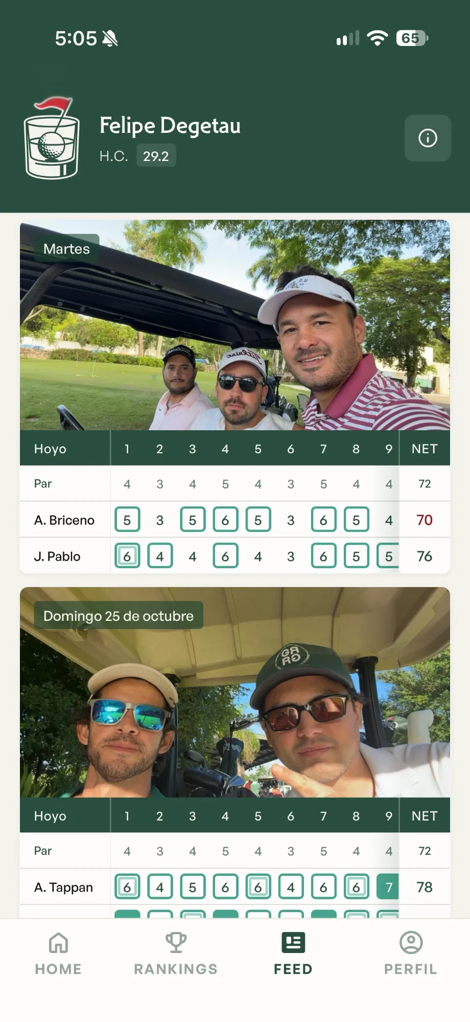 The feed screen of the app: each round is a group selfie from the cart with the day, then the scorecard hole by hole in golf notation and the net result per player.